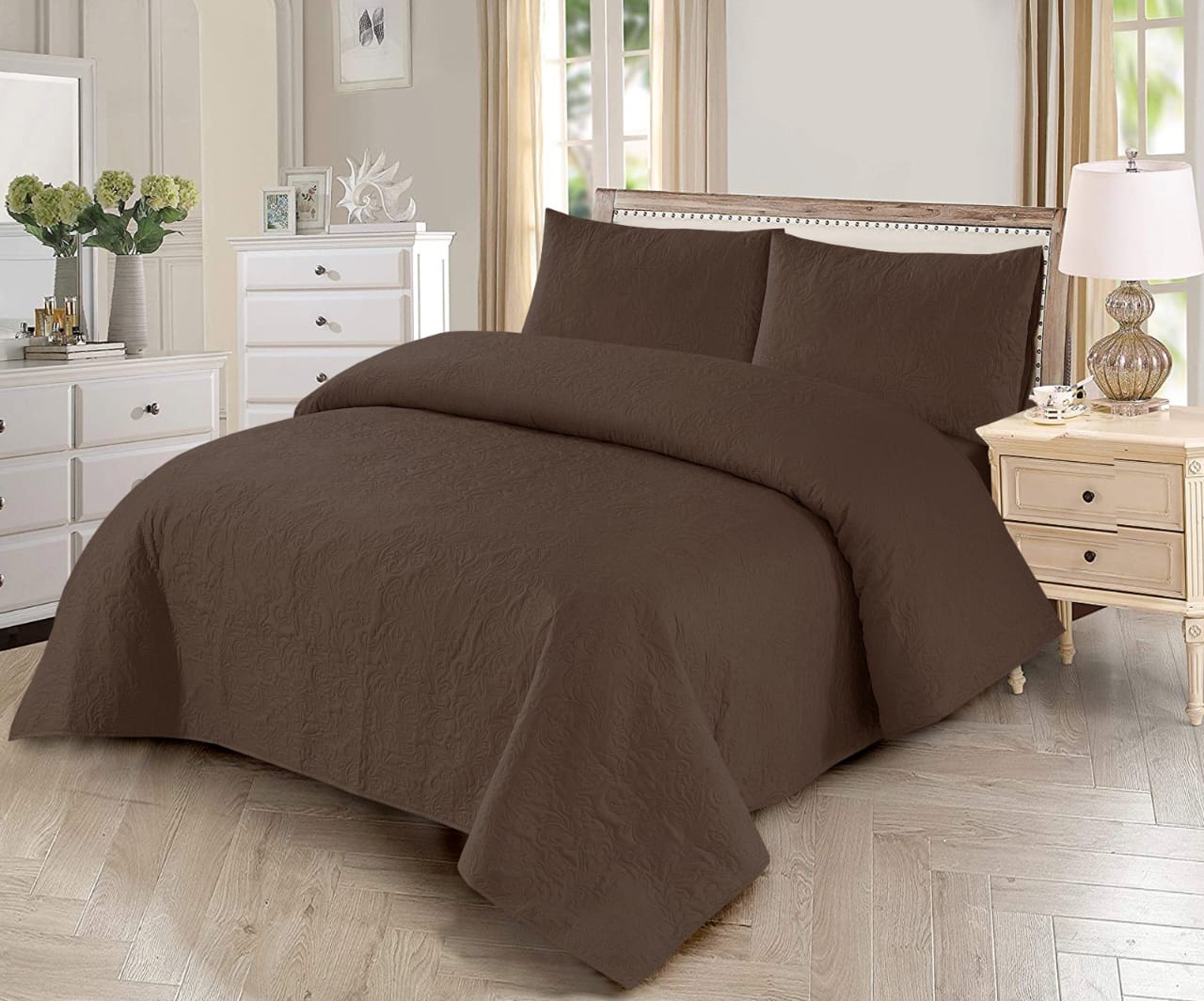 3 PCs Dyed Bed Spread Sets In Coffee Color