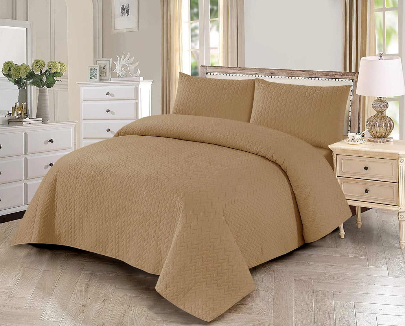3 PCs Dyed Bed Spread Sets In Beige Color