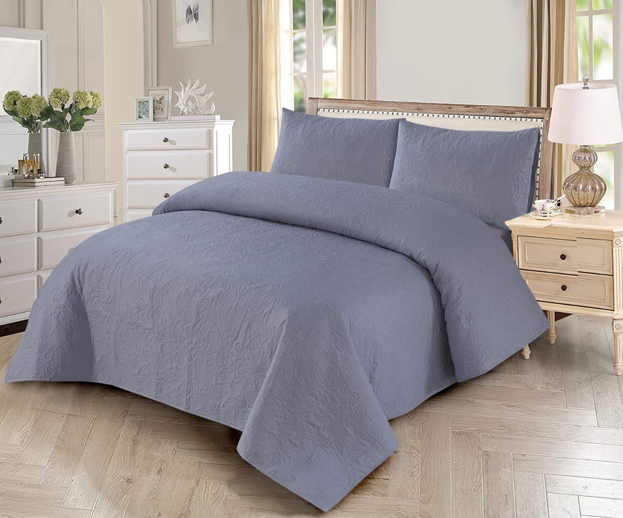 3 PCs Dyed Bed Spread Sets In Grey Color