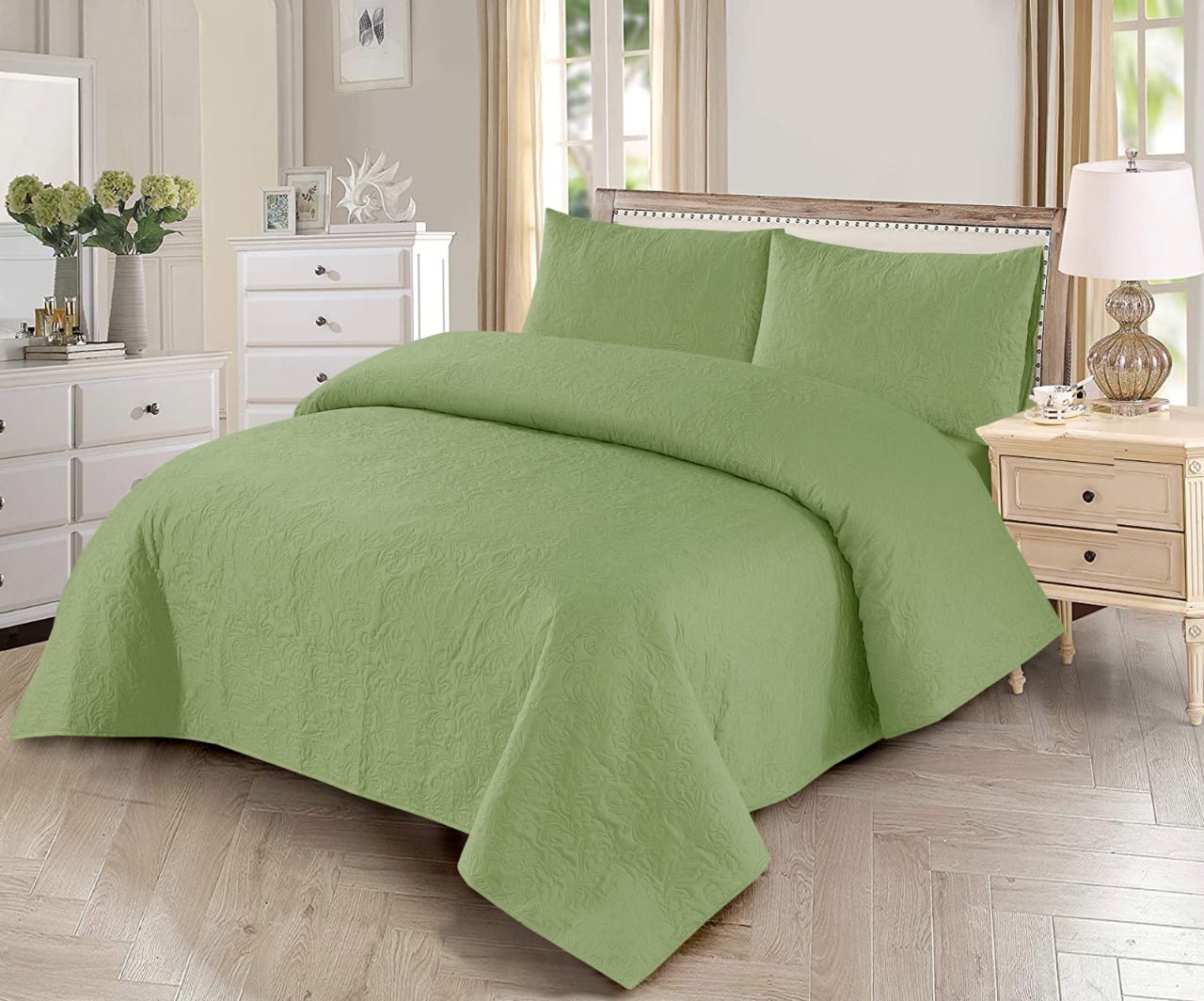3 PCs Dyed Bed Spread Sets In Light Green Color