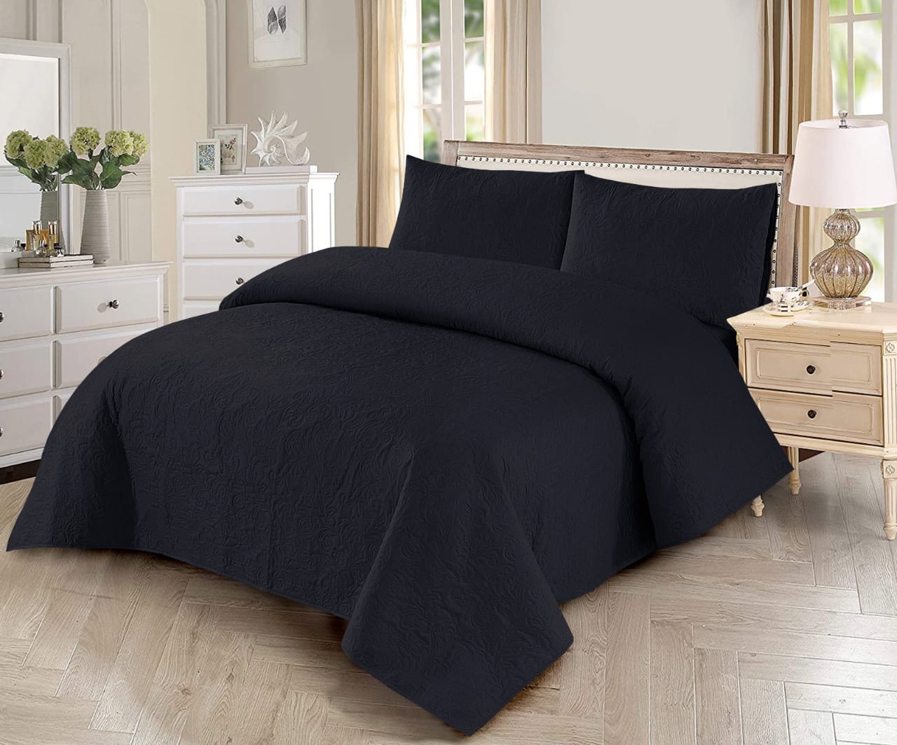 3 PCs Dyed Bed Spread Sets In Deep Navy Color