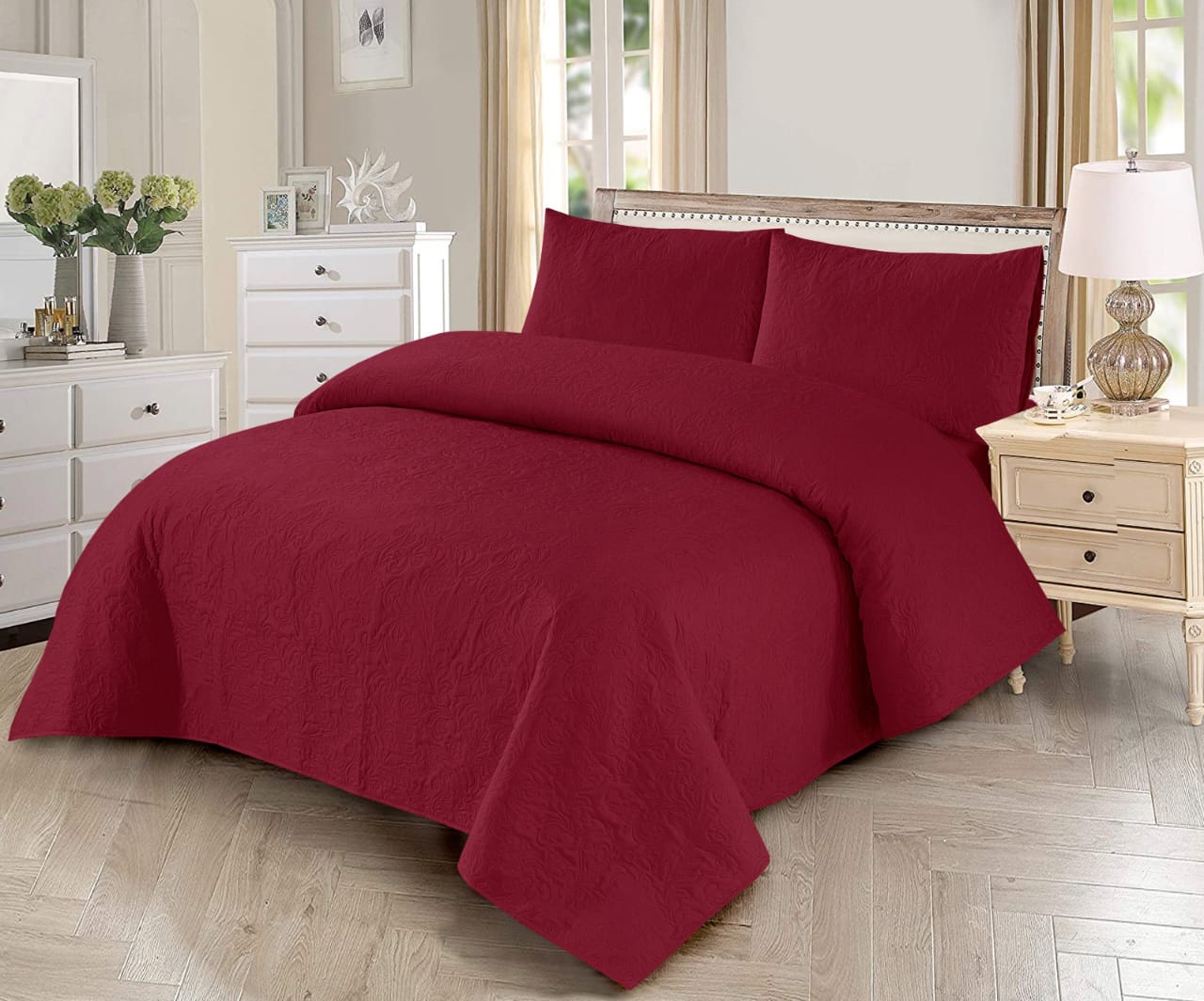 3 PCs Dyed Bed Spread Sets In Maroon Color