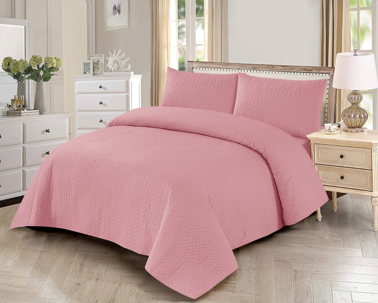 3 PCs Dyed Bed Spread Sets In Pink Color