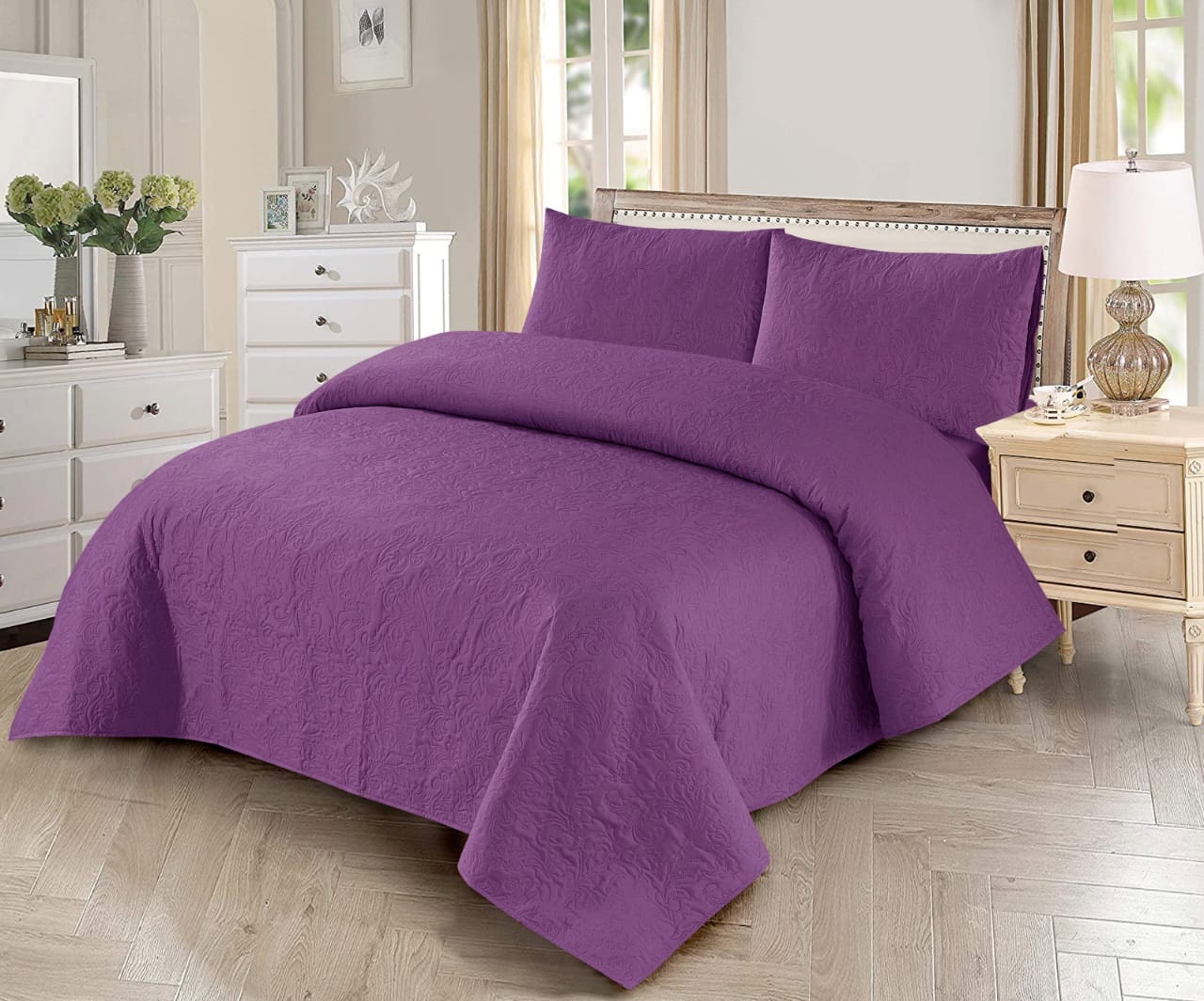 3 PCs Dyed Bed Spread Sets In Purple Color